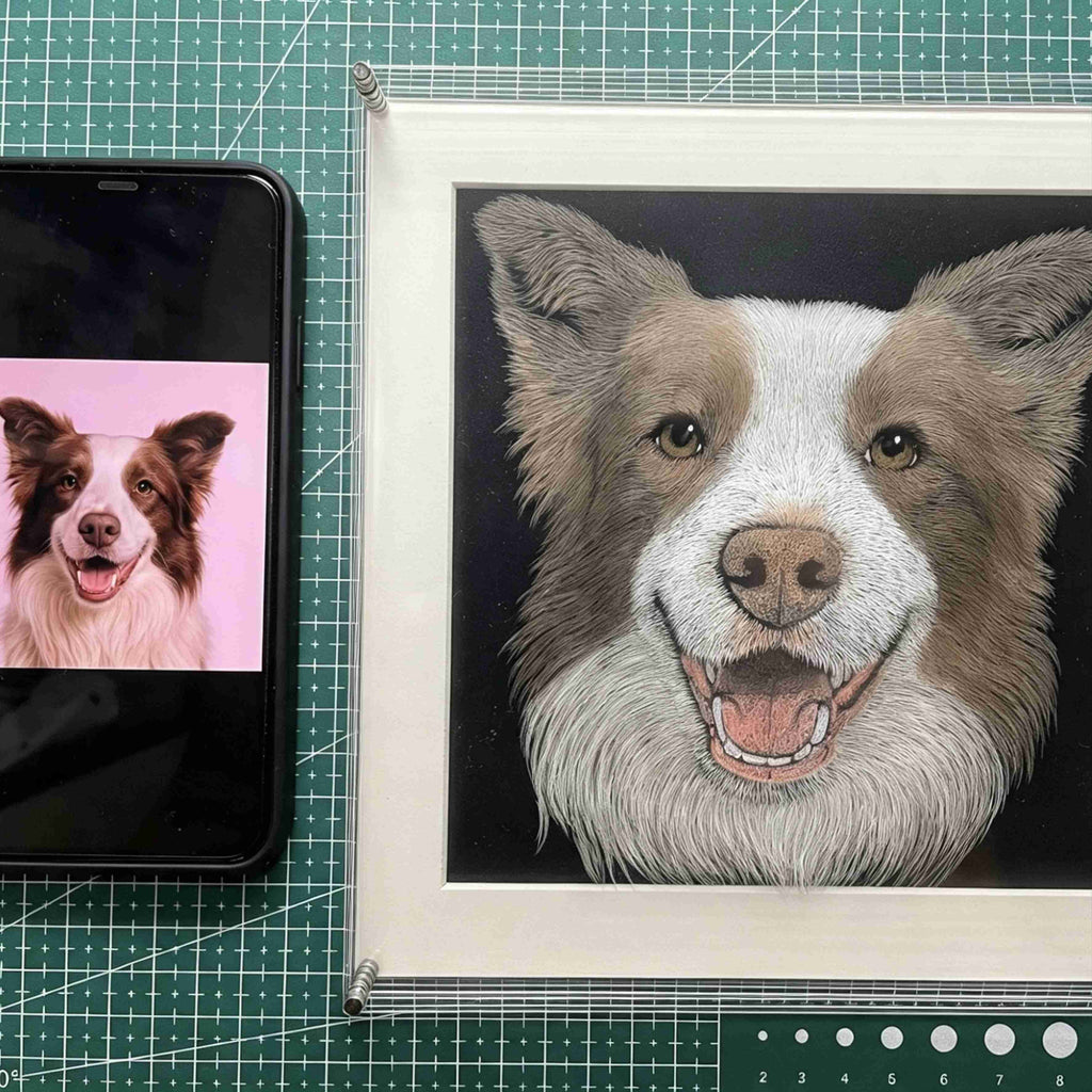 Custom 6-Layer Acrylic Pet Portrait - Photo to Portrait Comparison, Customer's Dog Photo Recreated as Framed Artwork
