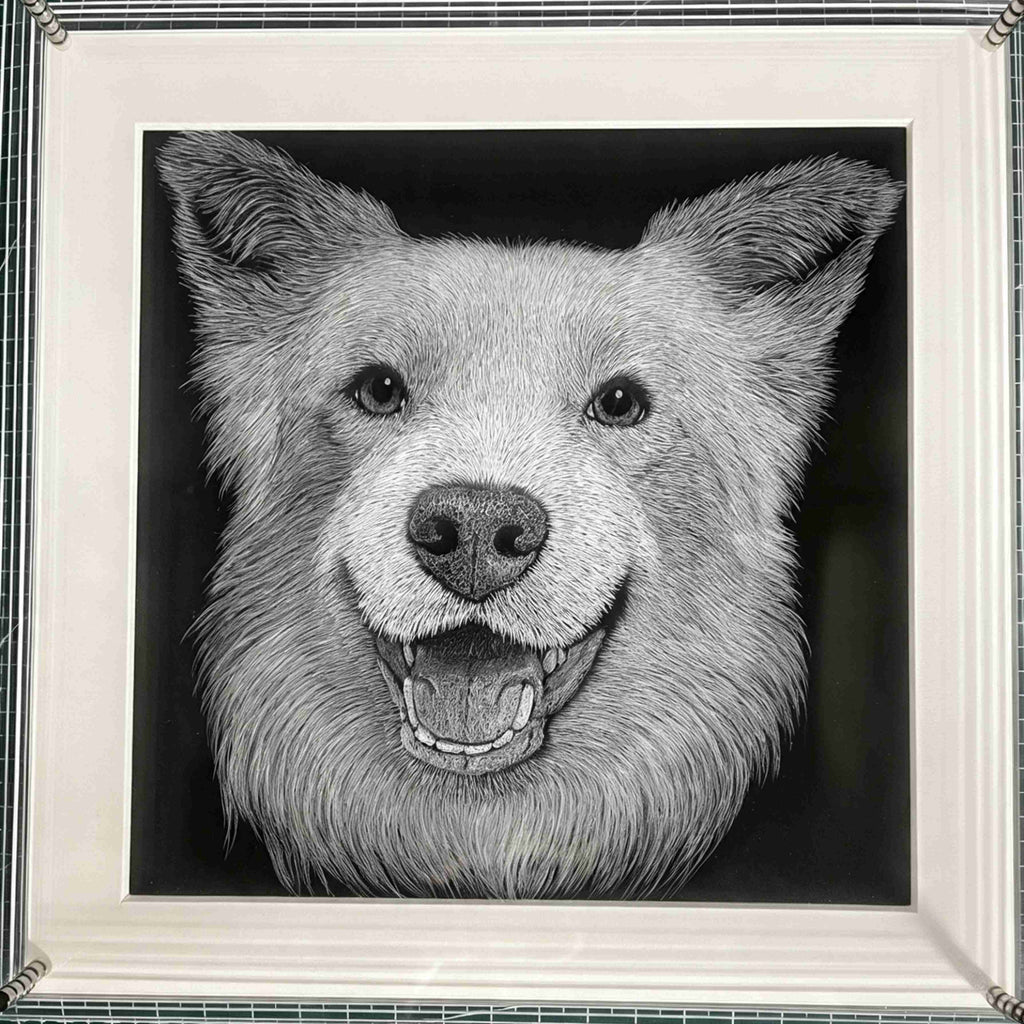Custom 6-Layer Acrylic Pet Portrait - Black and White Style, Smiling Dog Portrait in White Frame
