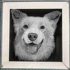 Custom 6-Layer Acrylic Pet Portrait - Black and White Style, Smiling Dog Portrait in White Frame
