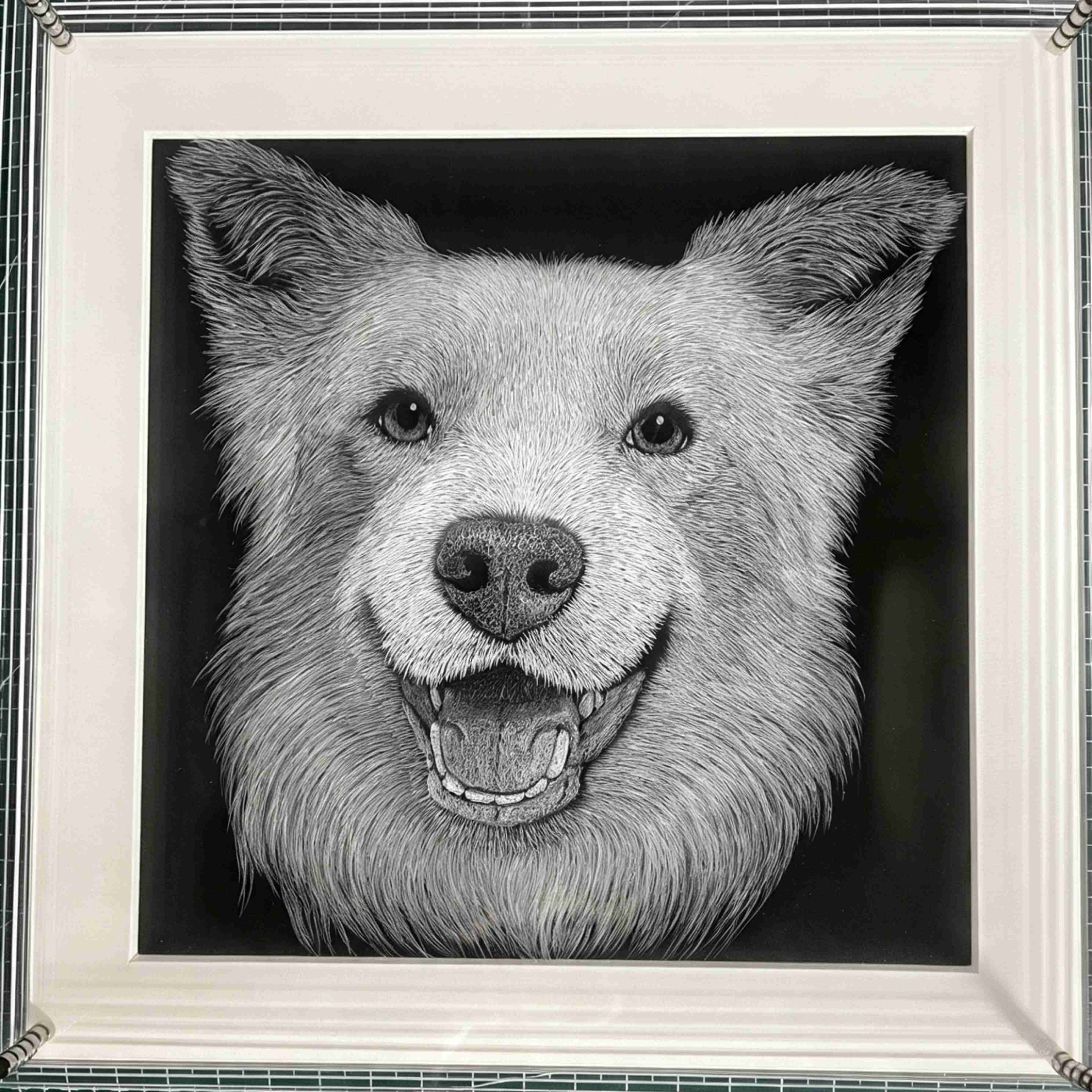 Custom 6-Layer Acrylic Pet Portrait - Black and White Style, Smiling Dog Portrait in White Frame
