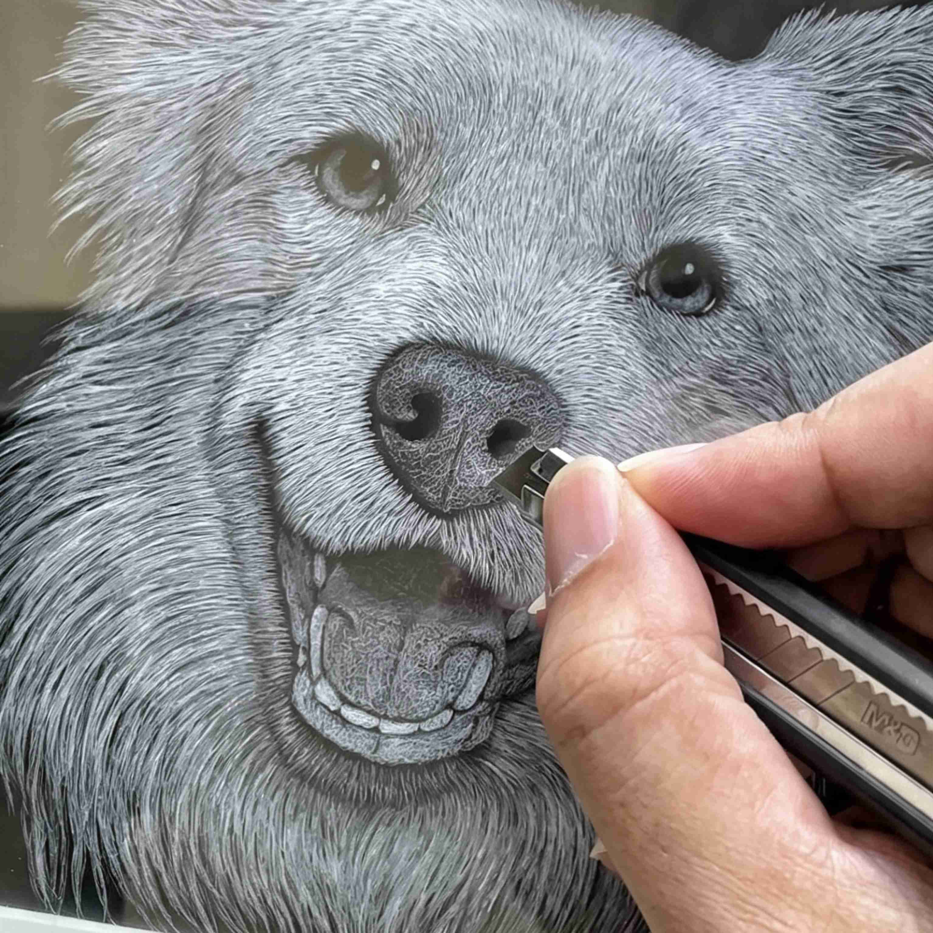 Custom 6-Layer Acrylic Pet Portrait - Handcrafting Process, Artist Engraving Fine Details on Acrylic Layer
