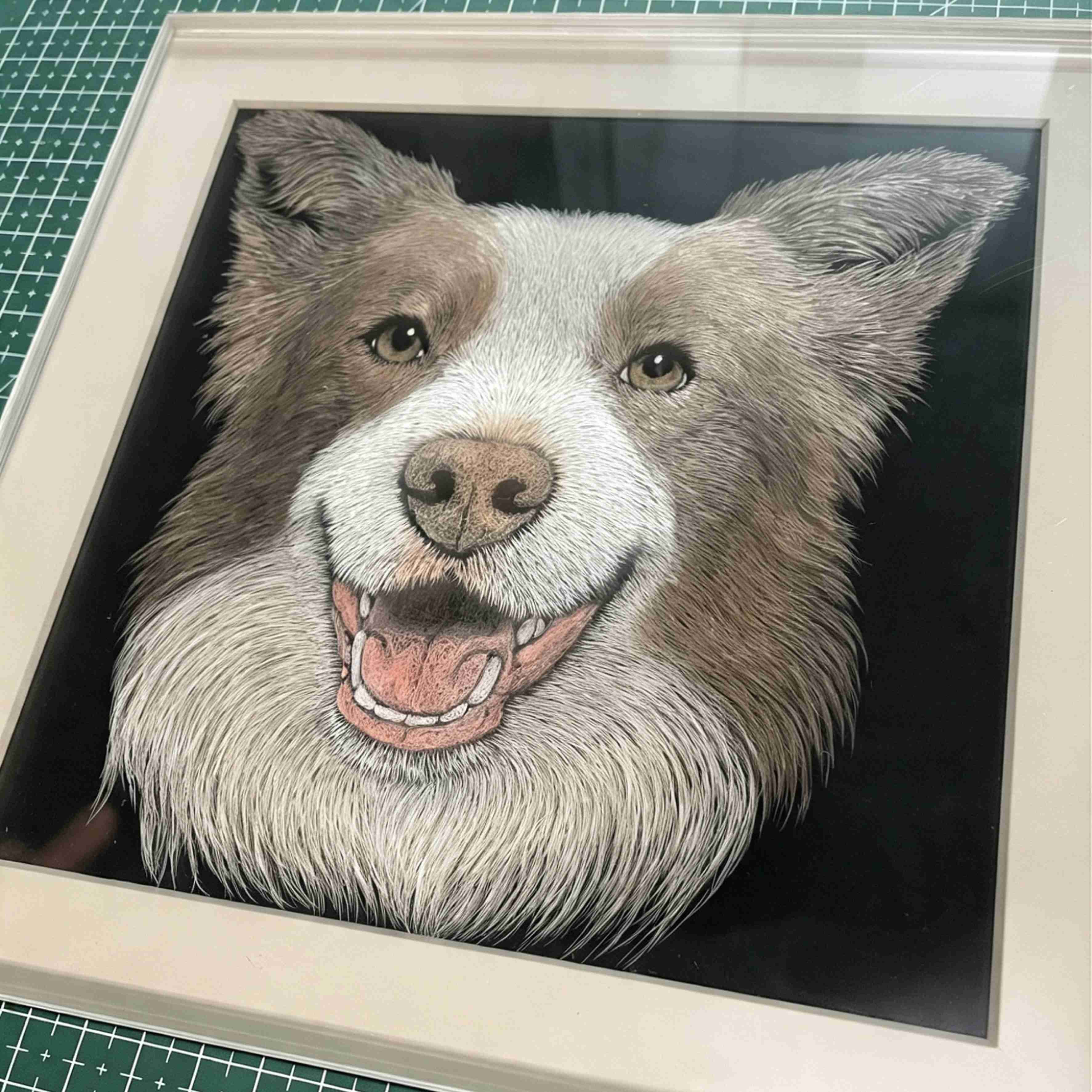 Custom 6-Layer Acrylic Pet Portrait - Close-up Detail Shot, Fine Fur Brushwork on Border Collie Portrait
