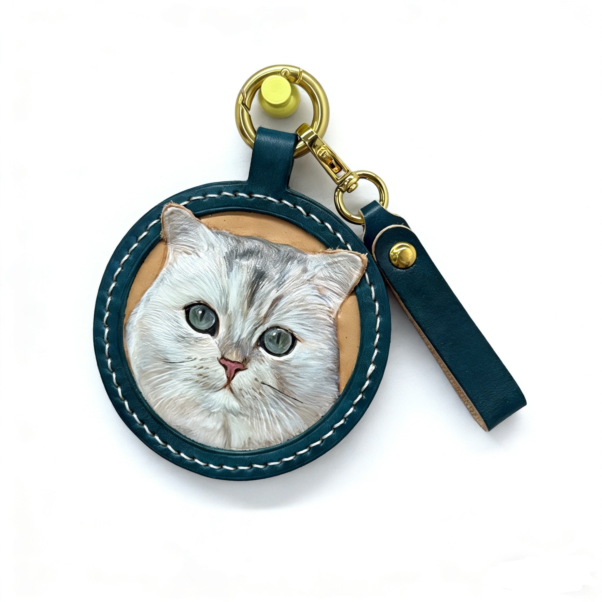 Custom Cat Leather Keychain Colorful Stitching - Hand-Carved Pet Portrait

